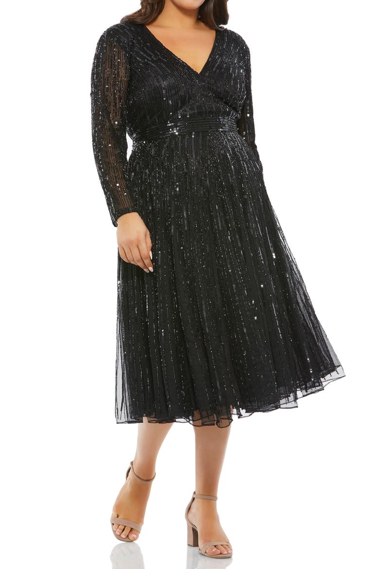 Sequin Long Sleeve Tulle Cocktail Dress, Main, color, BLACK