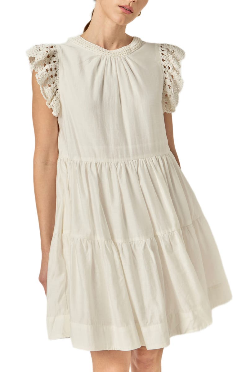 English Factory Crochet Detail Tiered Dress, Alternate, color, Off White