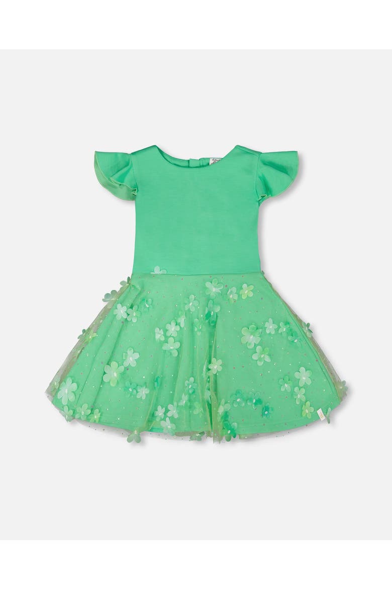Bi-Material Short Flutter Sleeves Mesh Dress, Main, color, Bright Mint Green
