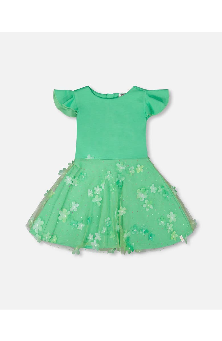 Deux par Deux Bi-Material Short Flutter Sleeves Mesh Dress, Main, color, Bright Mint Green