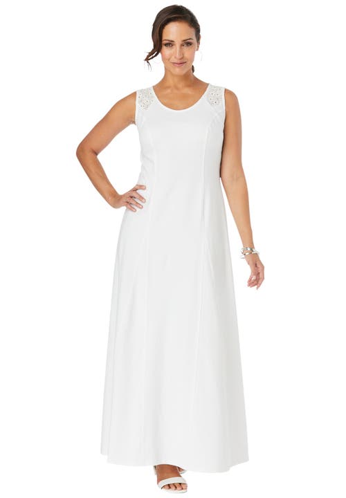 Jessica London Stretch Cotton Crochet-back Maxi Dress In White