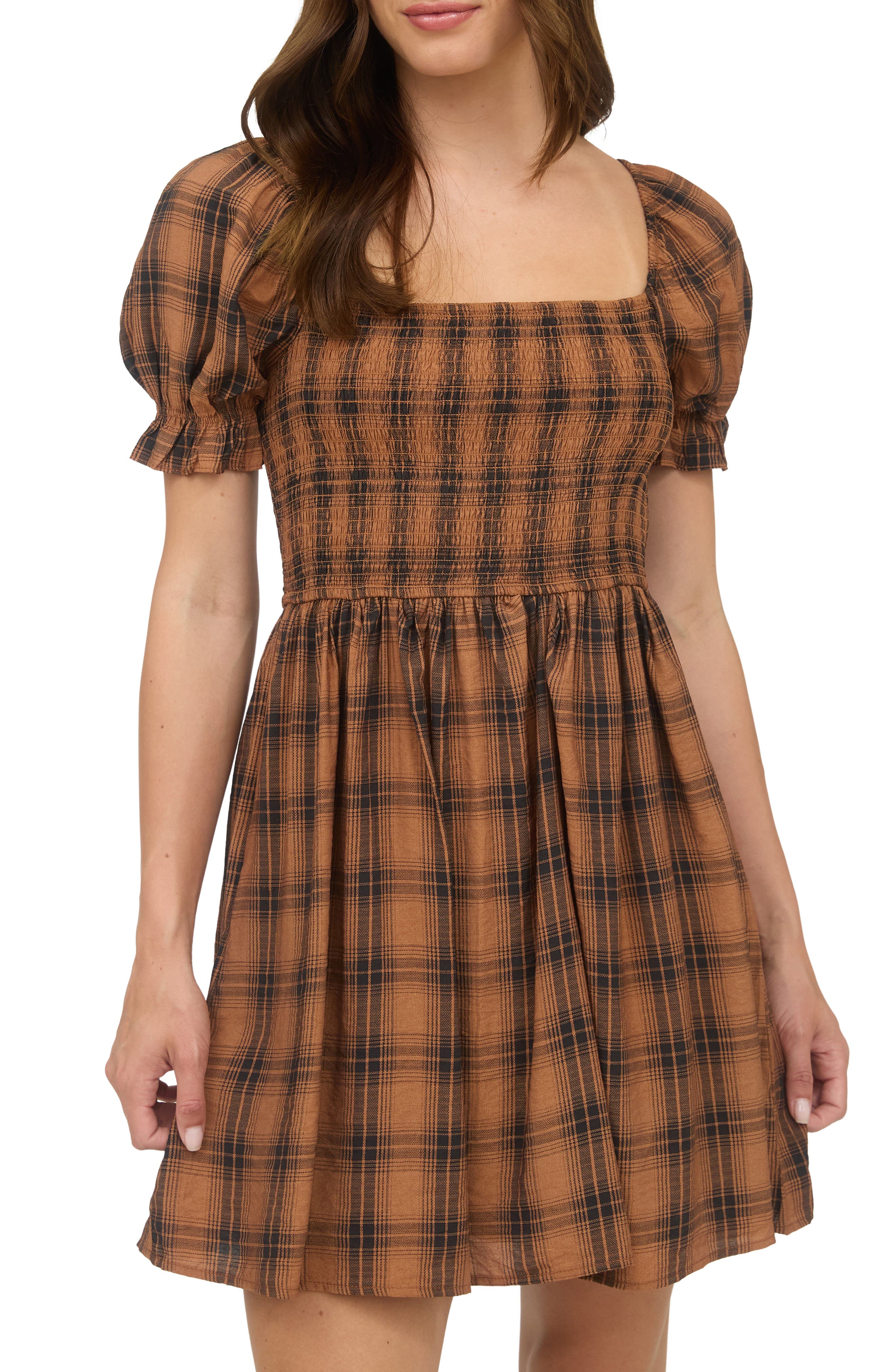 Blu Pepper Plaid Puff Sleeve Smocked Fit & Flare Minidress