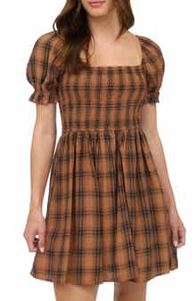 Blu Pepper Plaid Puff Sleeve Smocked Fit & Flare Minidress