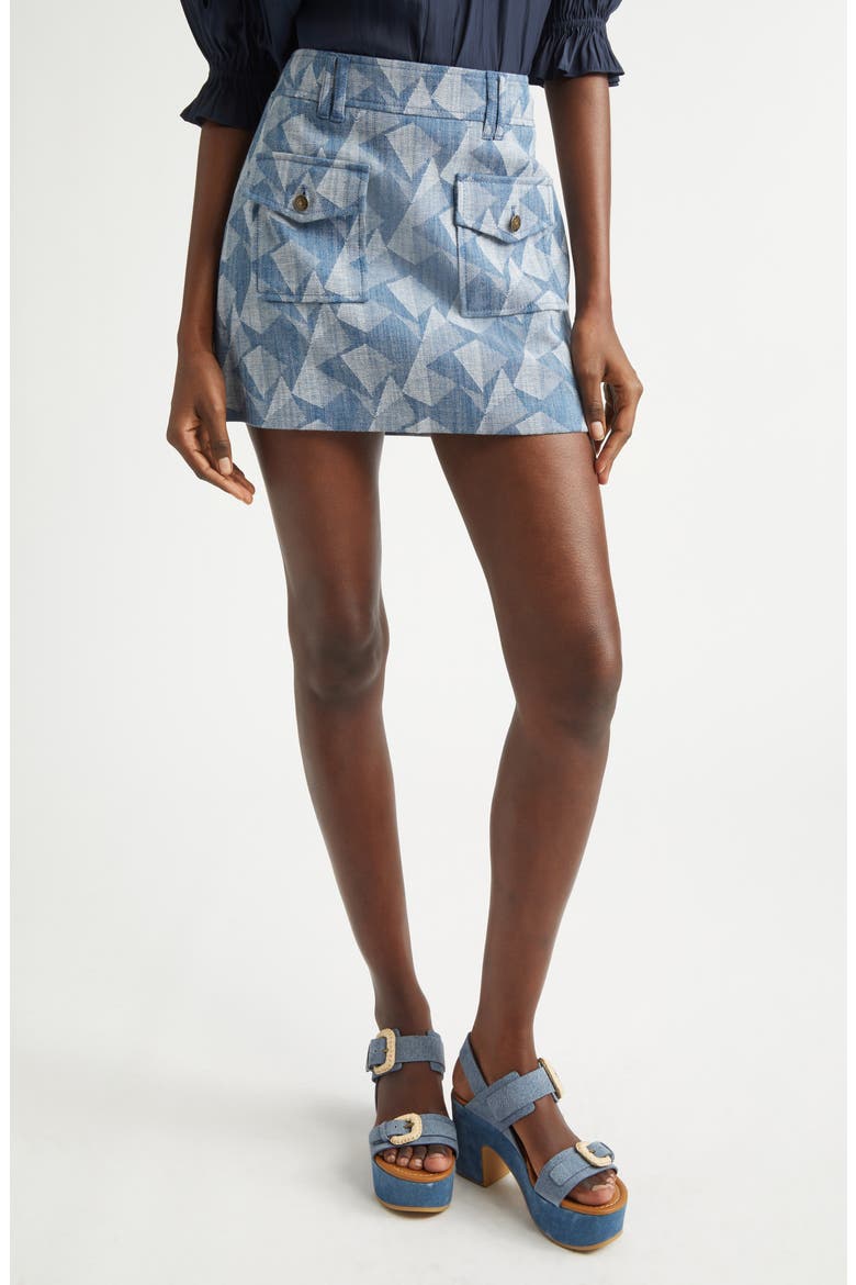 Kory Geometric Print Denim Miniskirt, Main, color, GEO DENIM
