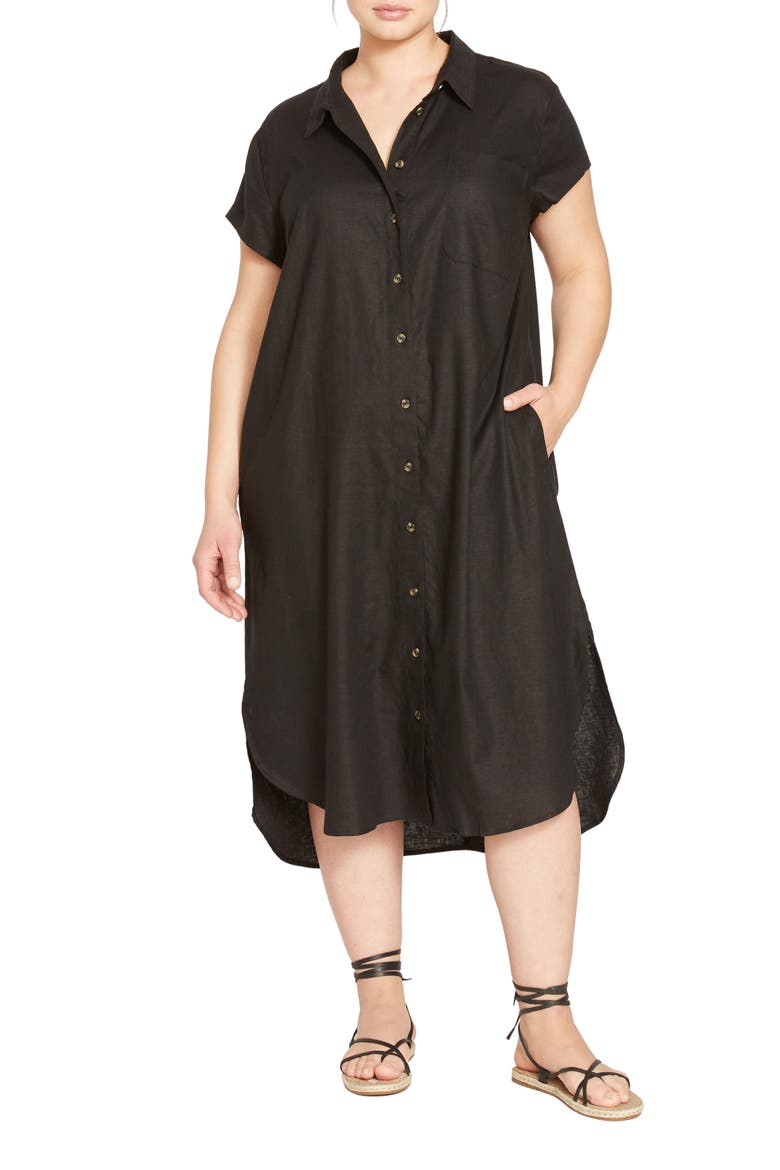 Dune Linen Blend Midi Shirtdress, Main, color, BLACK