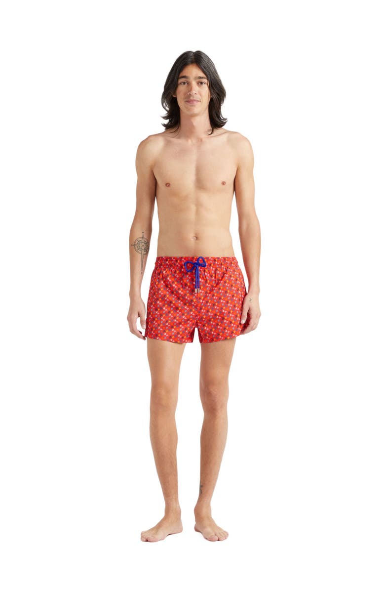 Vilebrequin Men's Micro Ronde Des Tortues Rainbow Stretch Swim Shorts, Main, color, Coquelicot