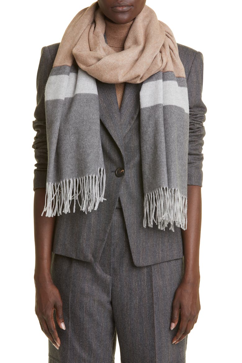 Colorblock Fringe Scarf, Main, color, BEIGE / GRIGIO