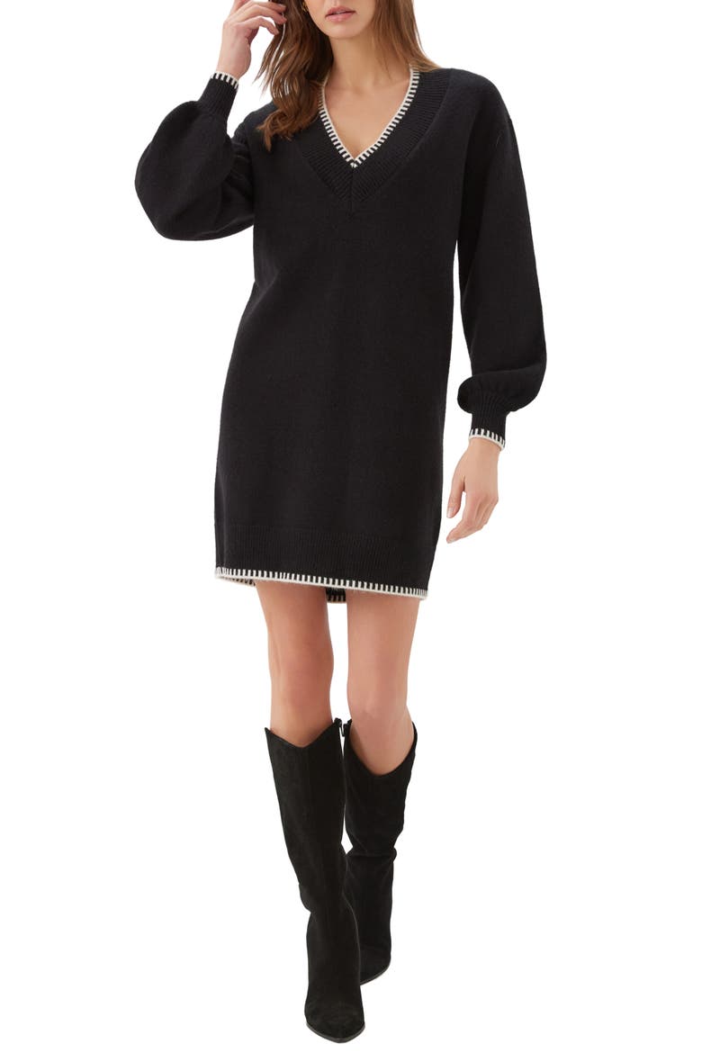 Varsity V-Neck Sweater Dress, Main, color, BLACK