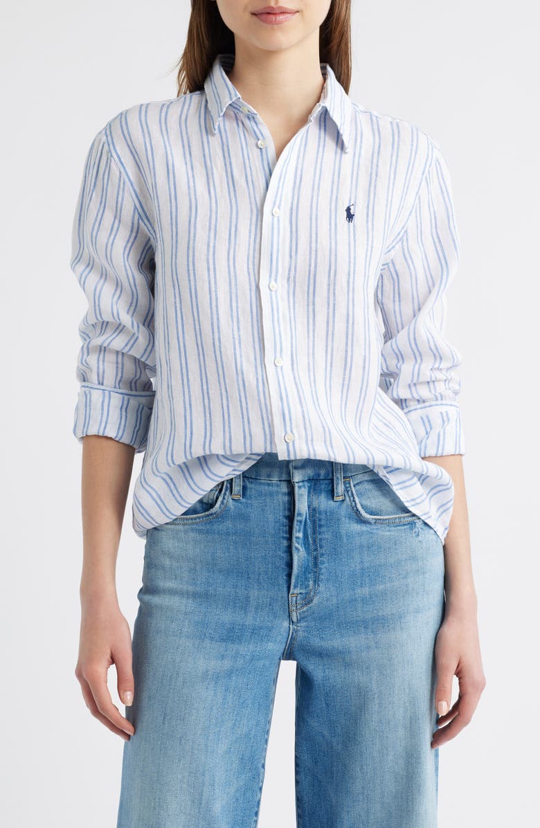 Polo Ralph Lauren Classic Fit Stripe Linen Button-Up Shirt, Main, color,