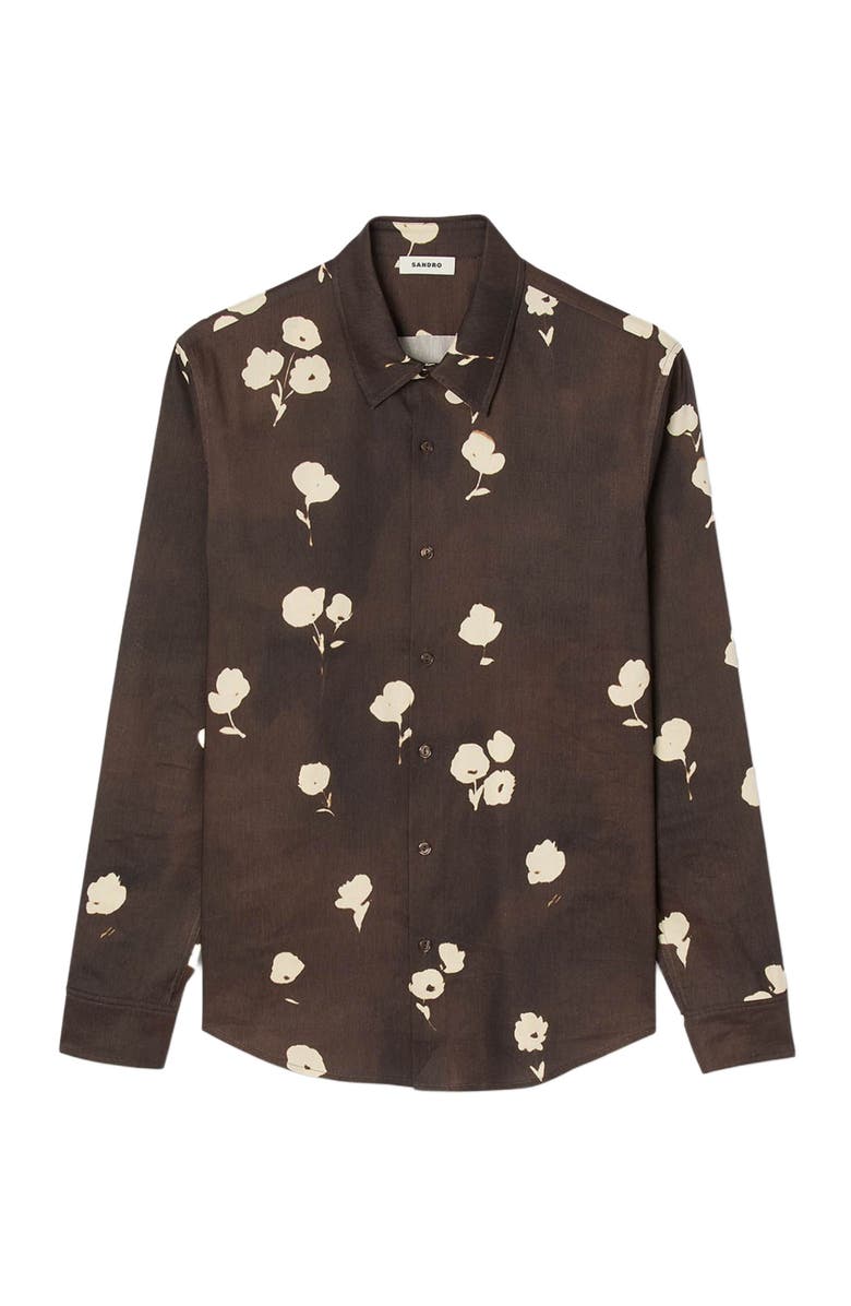 SANDRO Floral print linen shirt, Alternate, color, Chocolate