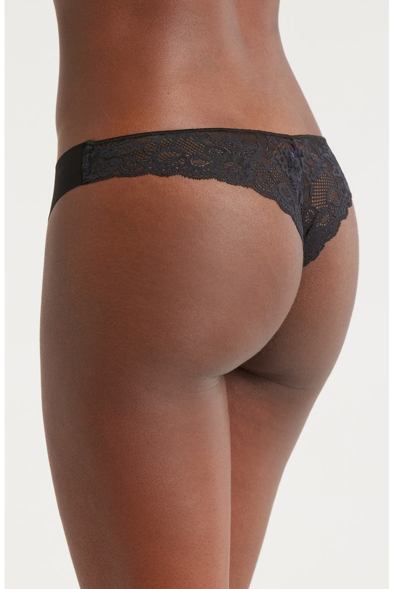 Estelle Lace Trim Stretch Cotton Thong, Alternate, color, BLACK