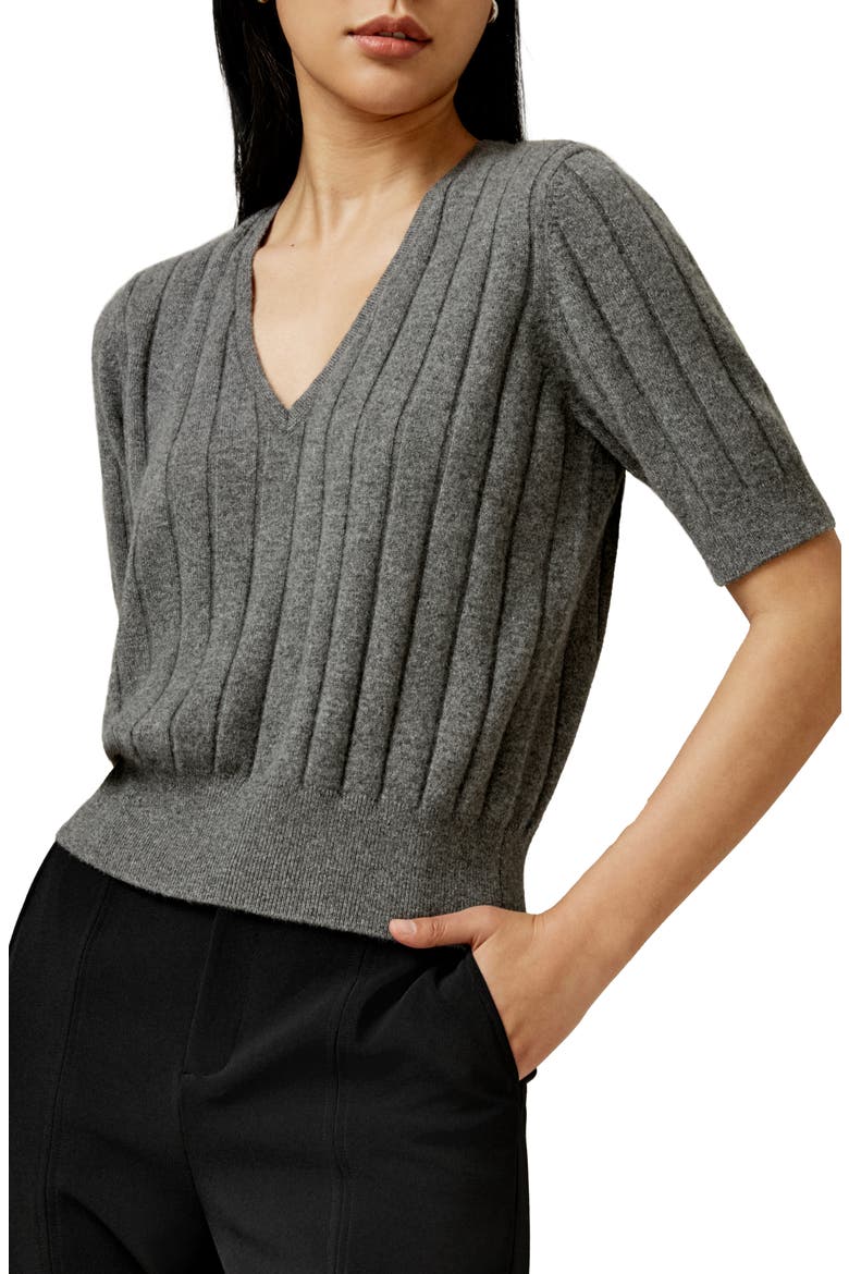 Women's V-Neck Cashmere T-shirt, Alternate, color, Medium Gray