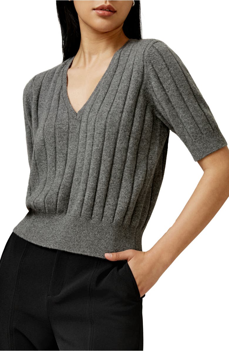 Lilysilk V-Neck Cashmere T-shirt, Alternate, color, Medium Gray