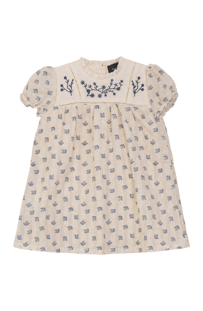 Hopscotch Floral Embroidered Shirred Short Sleeves Dress, Main, color, Moonlight