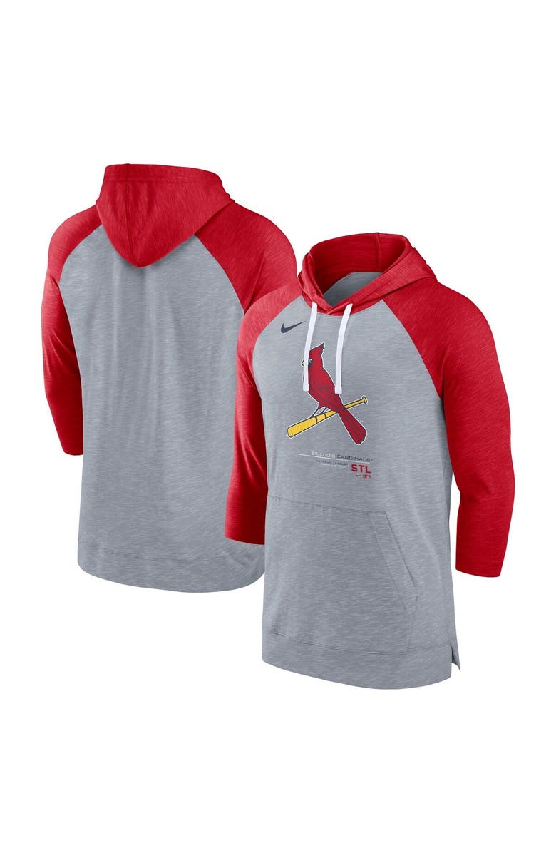 Nike Men's Nike Heather Gray/Heather Red St. Louis Cardinals Baseball Raglan 3/4-Sleeve Pullover Hoodie, Main, color, Heather Gray