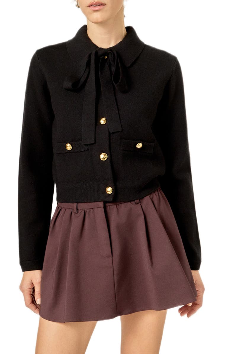 English Factory Detachable Bow Cardigan, Main, color, Black