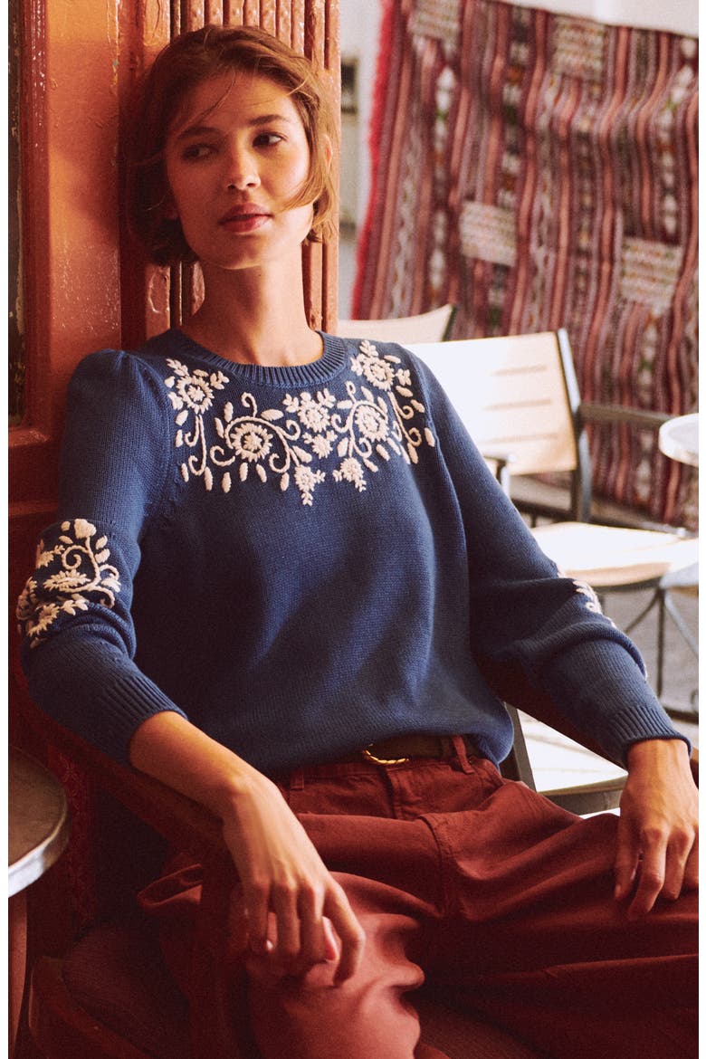 Davina Embroidered Puff Sleeve Sweater, Alternate, color, TRUE NAVY, EMBROIDERY