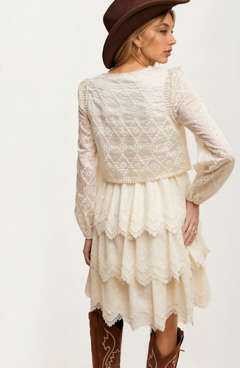 Tiered Scalloped Hem Long Sleeve Lace Dress
