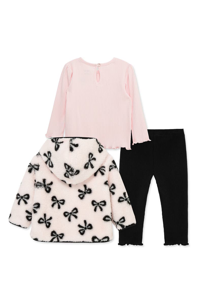 Little Me Bow Faux Shearling Jacket, T-Shirt & Pants Set, Alternate, color, Pink