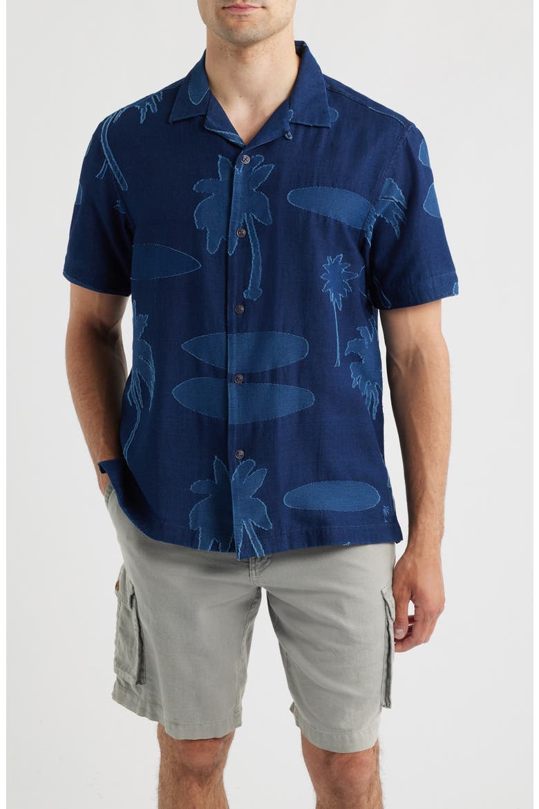Destination Indigo Palm Tree Print Cotton Jacquard Camp Shirt, Main, color, DARK INDIGO