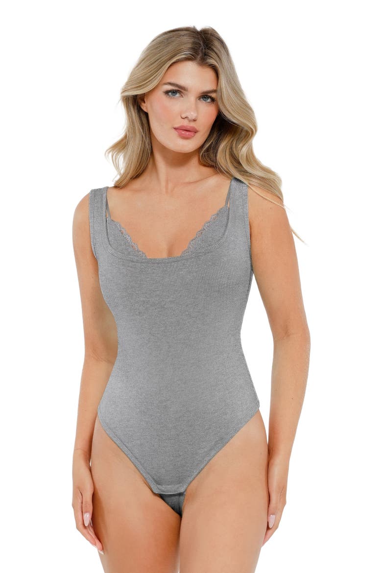 Shapewear Modal Tummy Control Inner Lace Cami Bodysuit, Alternate, color, Paynes Grey
