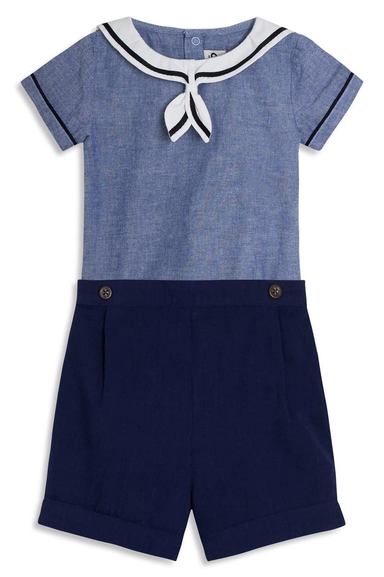 Sailor Collar Bodysuit & Pull-On Shorts Set, Main, color, NAVY