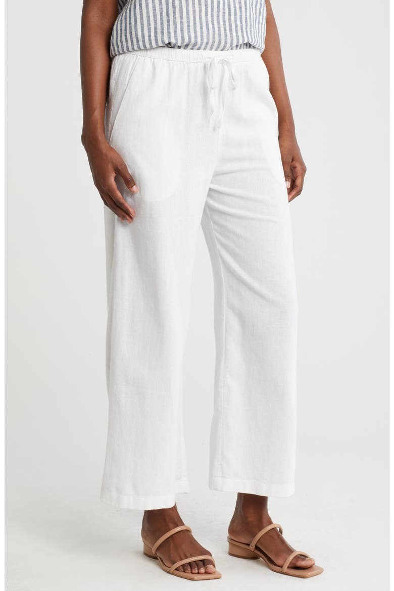 Pull-On Crop Wide Leg Linen Blend Pants, Main, color, WHITE