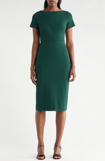 Vince Camuto Short Sleeve Stretch Crepe Midi Sheath Dress In Green