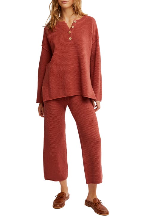 free-est Hailee Waffle Stitch Long Sleeve Top & Wide Leg Pants Knit Set