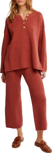 free-est Hailee Waffle Stitch Long Sleeve Top & Wide Leg Pants Knit Set