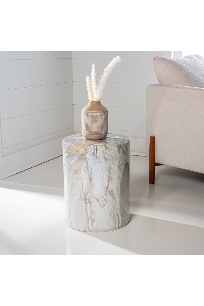 Troy Modern Faux Marble Cylinder Accent Table, Round Pedestal End Table & Decorative Indoor Stool for Living Room, Alternate, color, Gray/Gold