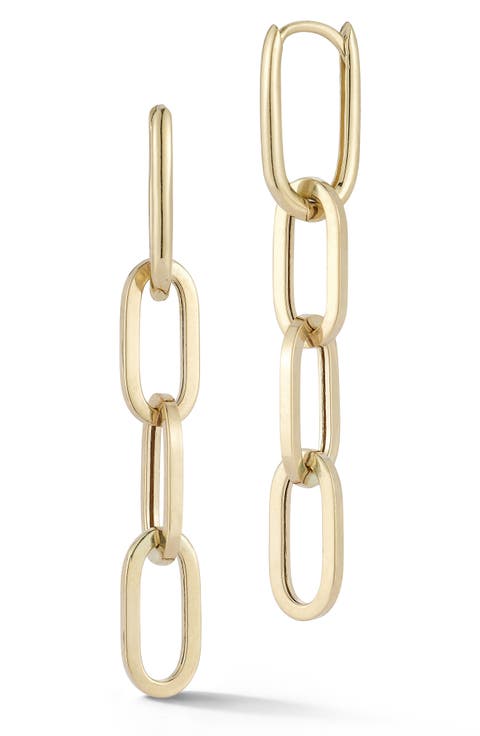 14K Yellow Gold Chain Drop Huggie Hoop Earrings