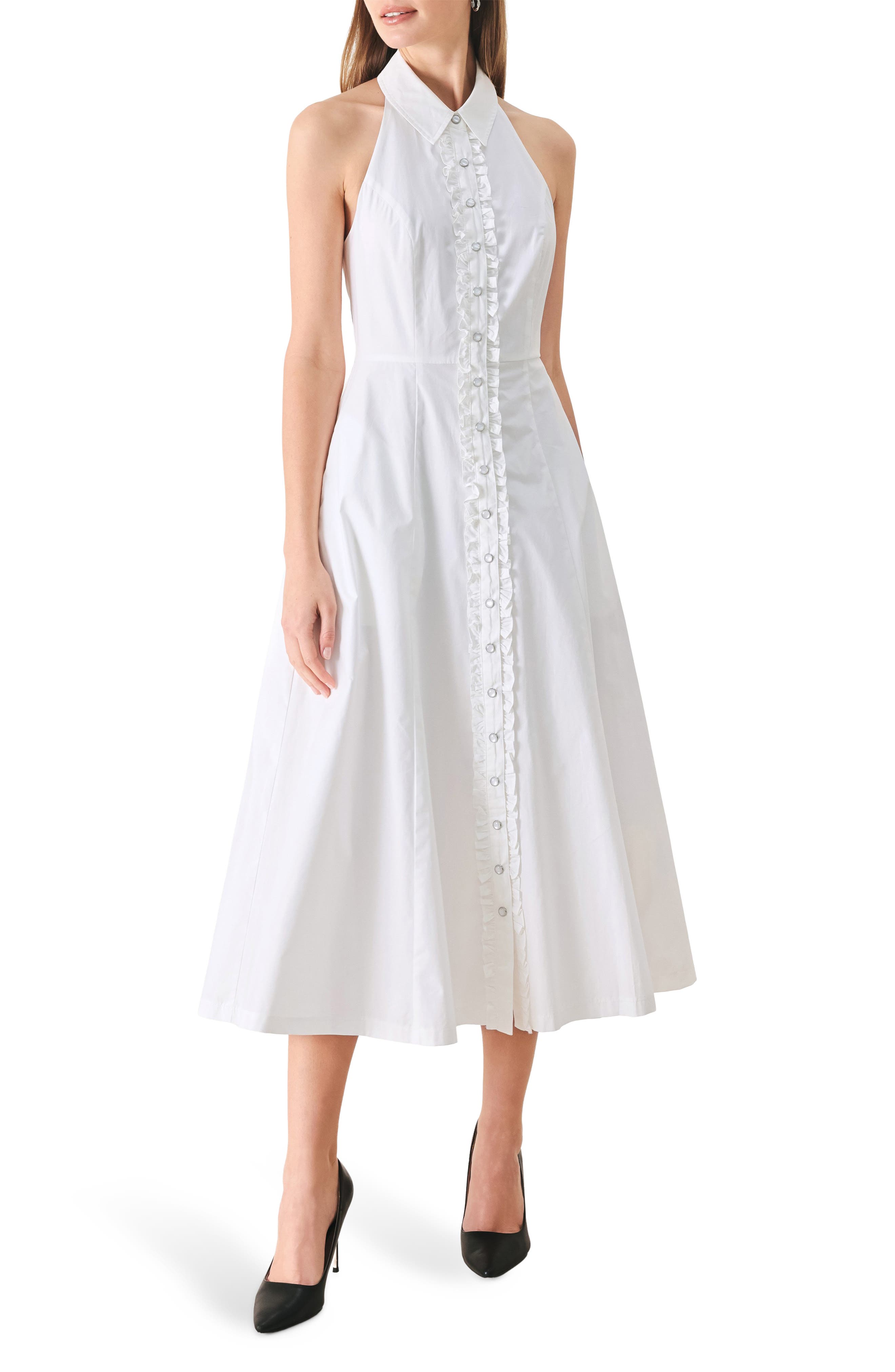 FREEMARKET Ruffle Trim Halter Neck Midi Shirtdress