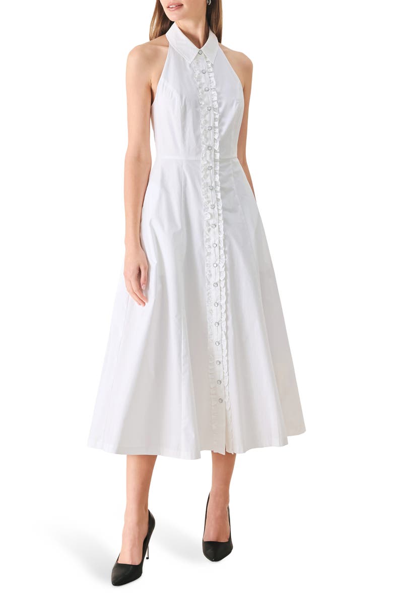 FREEMARKET Ruffle Trim Halter Neck Midi Shirtdress, Main, color, White
