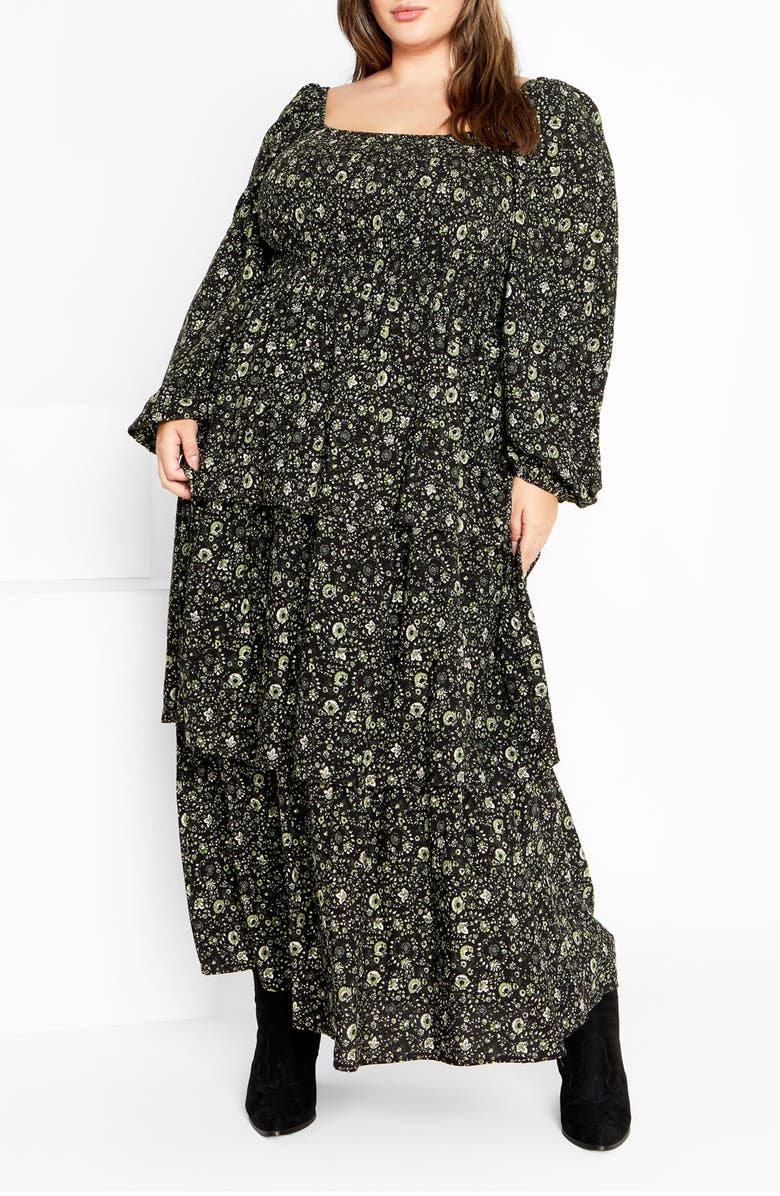 City Chic Cassidy Floral Print Maxi Dress, Main, color, Olive Ditsy