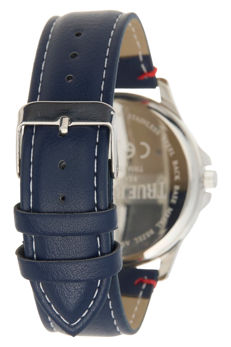 Logo Faux Leather Strap Watch, 43mm, Alternate, color, SILVER