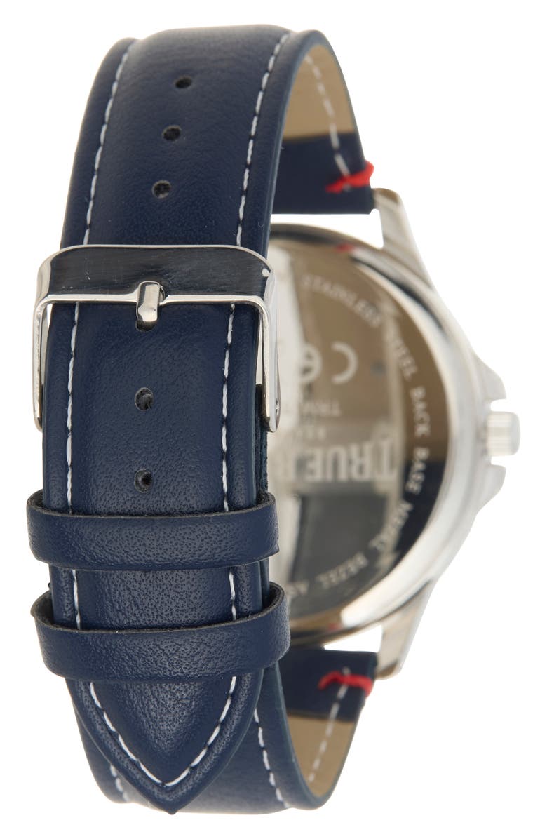 True Religion Logo Faux Leather Strap Watch, 43mm, Alternate, color, Silver