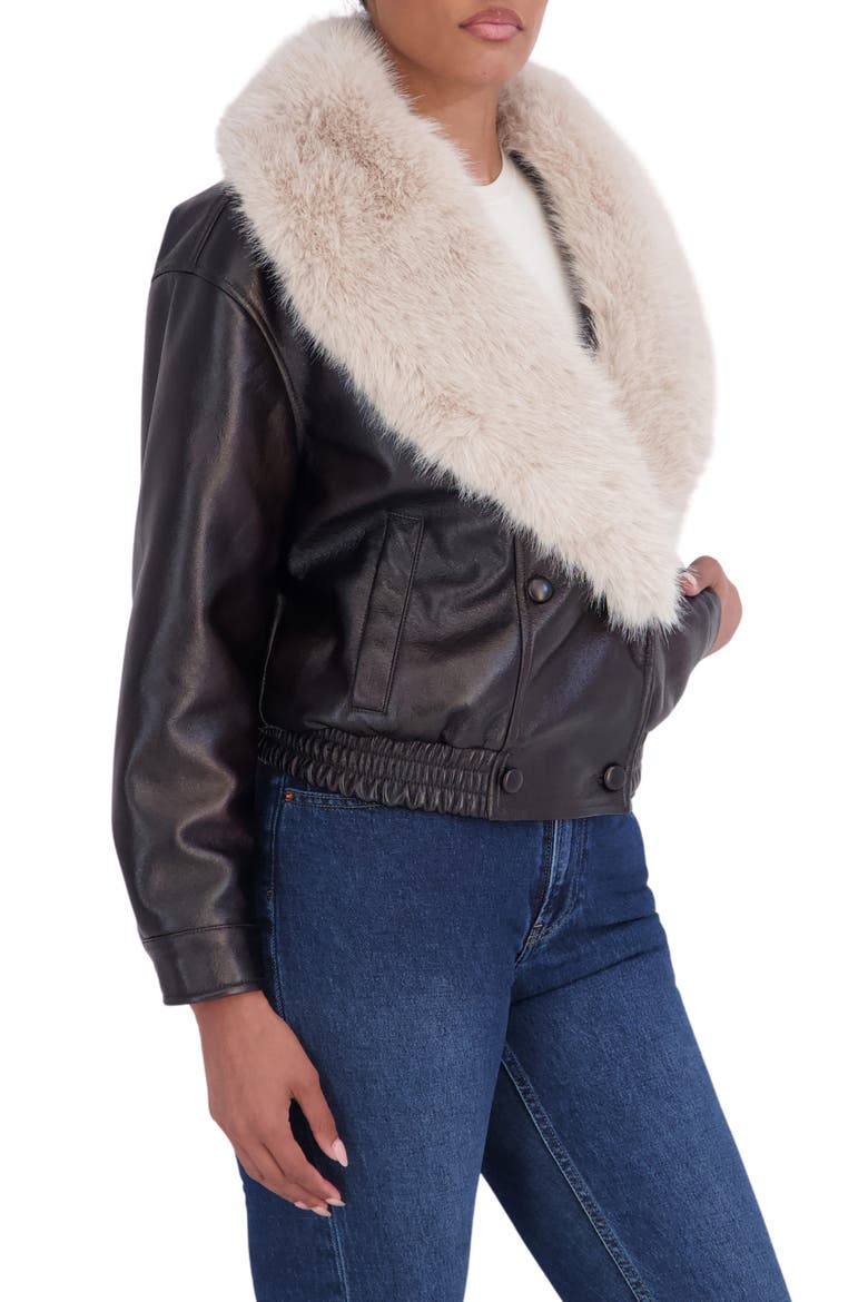 Faux Fur Collar Faux Leather Bomber Jacket, Alternate, color, BROWN