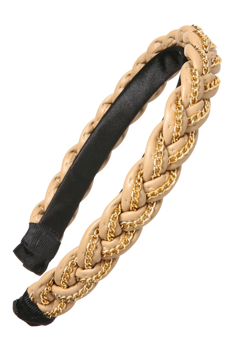 Skinny Chain Braided Faux Leather Headband, Main, color, BRITISH TAN GOLD
