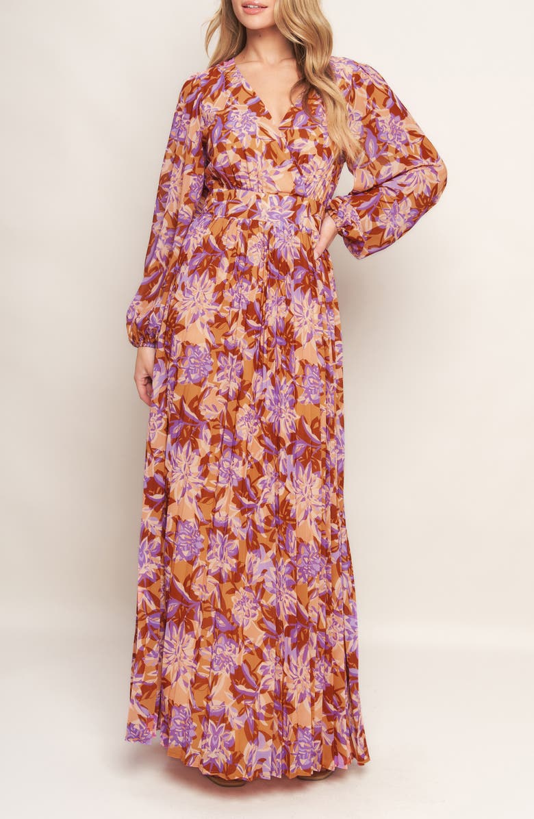 FLYING TOMATO Print Long Sleeve Maxi Dress, Alternate, color, Taupe Lavender