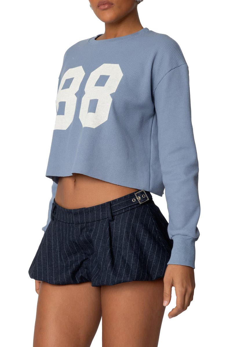 EDIKTED 88 Long Sleeve Crop Waffle Knit T-Shirt, Alternate, color, Blue