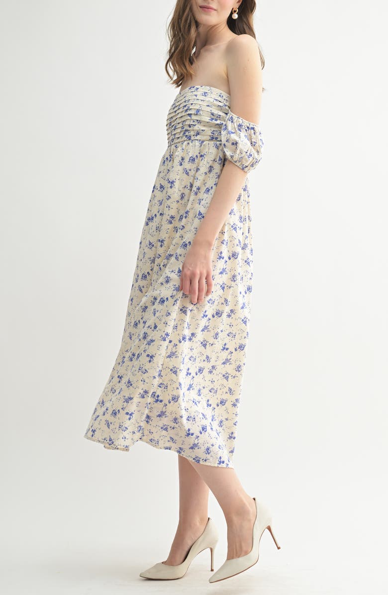 Lush Off the Shoulder Pleated Midi Dress, Alternate, color, Cream Blue Floral
