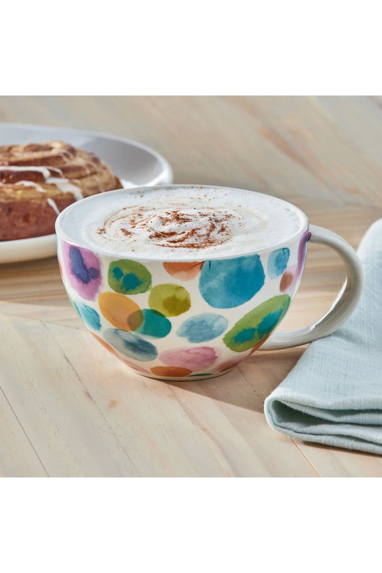 Watercolor Dot Latte Mug Multi Stoneware Everyday, Alternate, color, White
