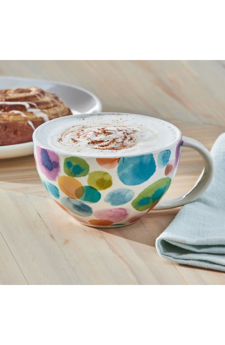 tag Watercolor Dot Latte Mug Multi Stoneware Everyday, Alternate, color, White