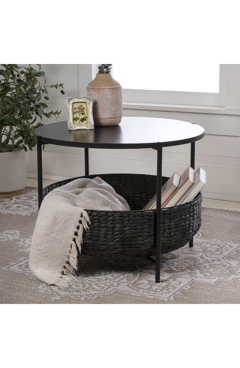 HAPPIMESS Carly 24.21" Modern Coastal Round Acacia Wood/Water Hyacinth Coffee Table with Storage Basket, Alternate, color, Black