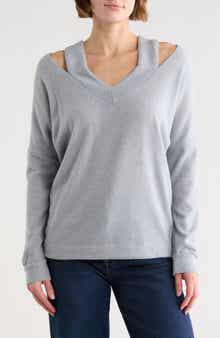 GO COUTURE V-Neck Cold Shoulder Sweater