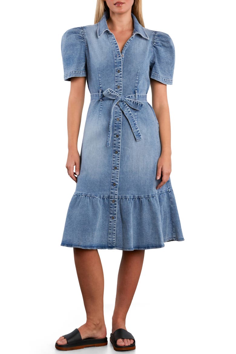 Muse Belted Puff Sleeve Denim Midi Shirtdress, Main, color, DENIM MUSE