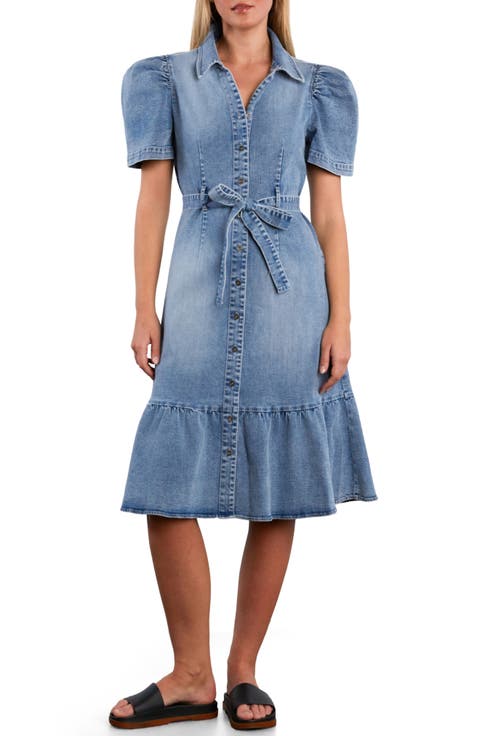 Muse Belted Puff Sleeve Denim Midi Shirtdress