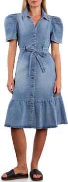Wash Lab Denim Muse Belted Puff Sleeve Denim Midi Shirtdress