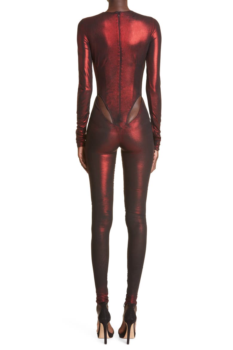 Cutout Long Sleeve Mesh Jumpsuit, Alternate, color, OXBLOOD